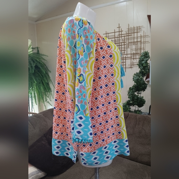 Ruby Rd. Bohemian Top Tassel Tie Neck Colorful Beach Vibe Peasant 3/4 Sleeves - Picture 7 of 10